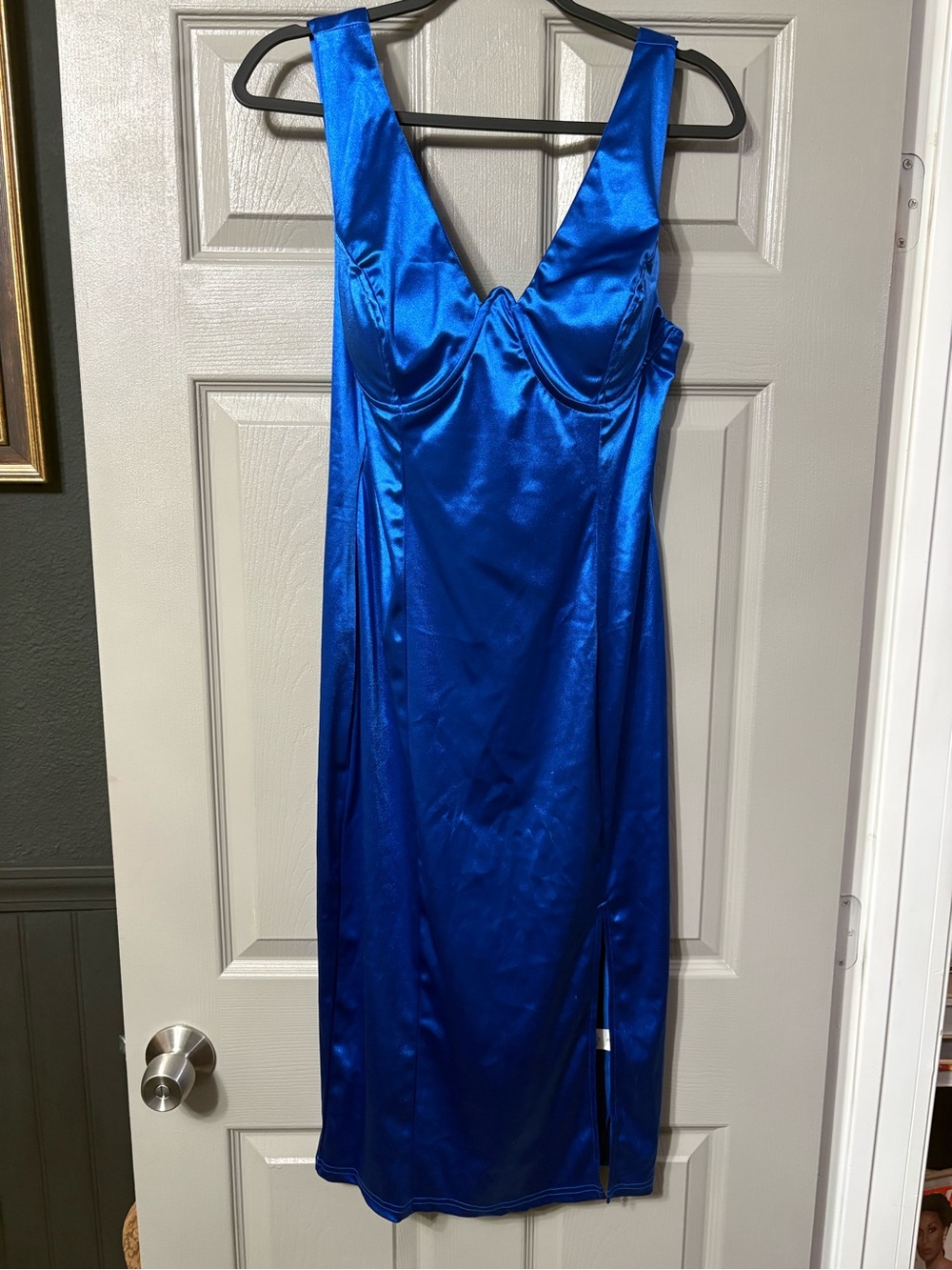 Fashion Nova- Blue Satin V-Neck Dress - Women's Elegant Evening Dress